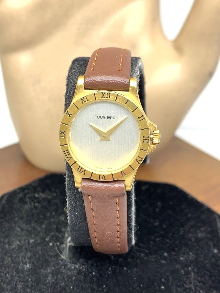 Tourneau Womens Watch Swiss Quartz Silver Dial Gold Brown Leather Strap 20mm